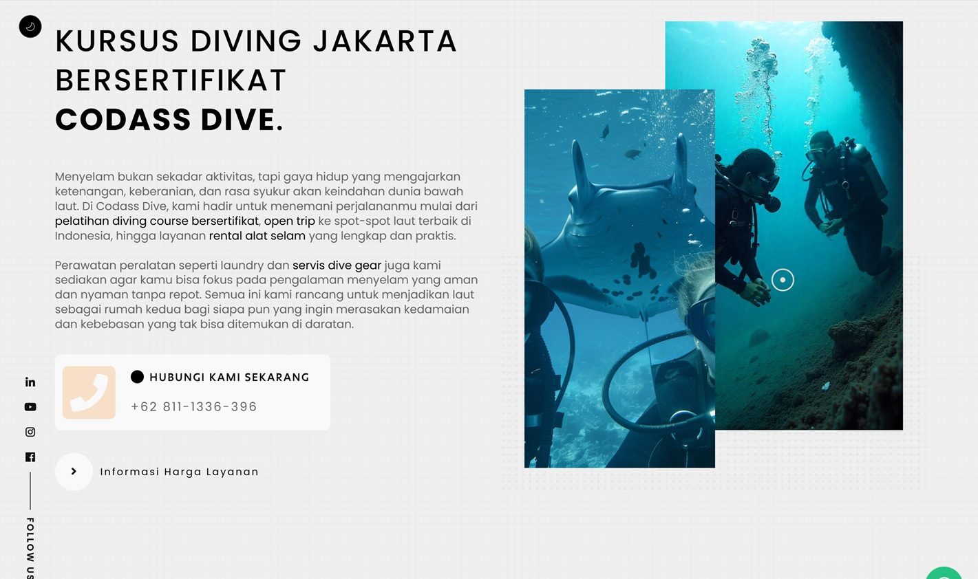 Codass Dive website screenshot — diving certification