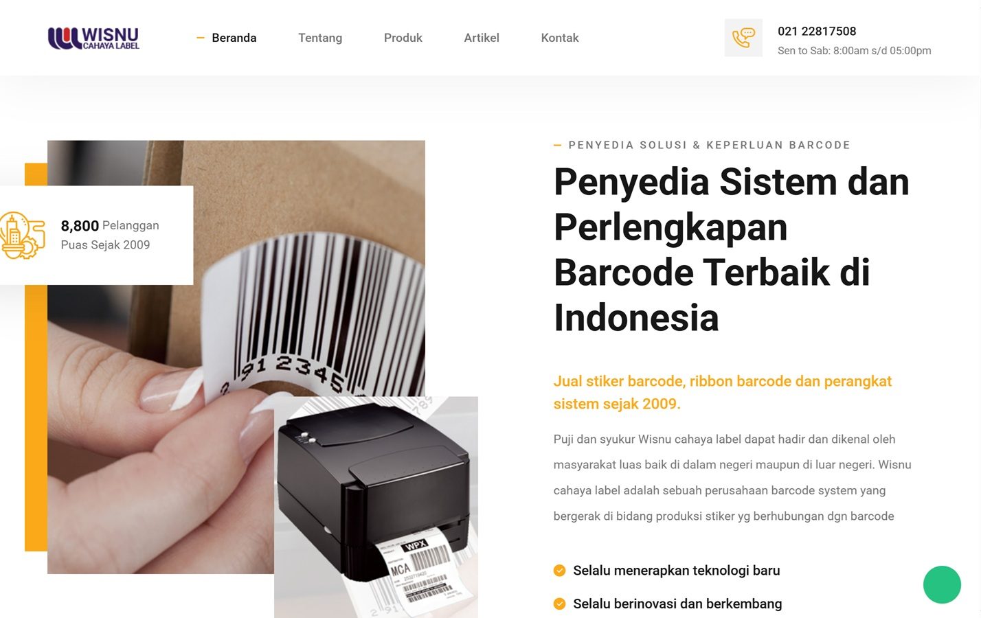 Wisnu Cahaya Label website screenshot — barcode products